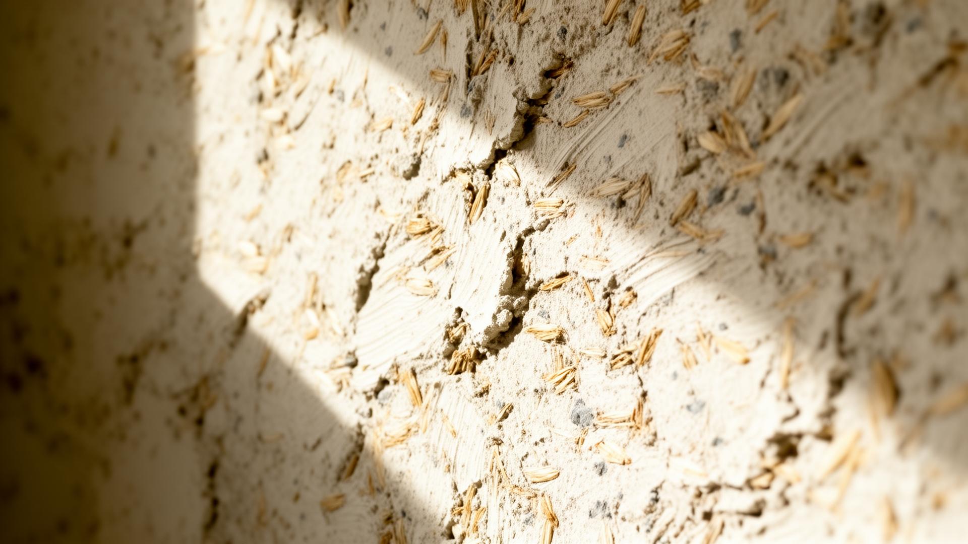 Macro of a hand-troweled hemp-lime wall surface in raking daylight